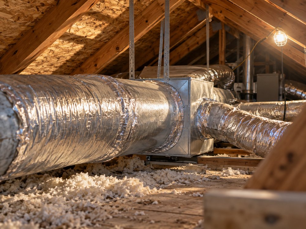 Duct trunk and branches in a hot attic with a work light and sealed joints
